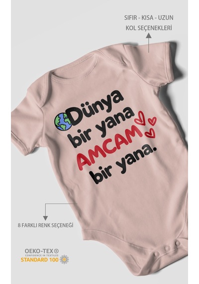Morivokids Dünya Bir Yana, Amcam Bir Yana Kısa Kollu Bebek Body %100 Pamuk Zbn170-kk Pastel Pembe