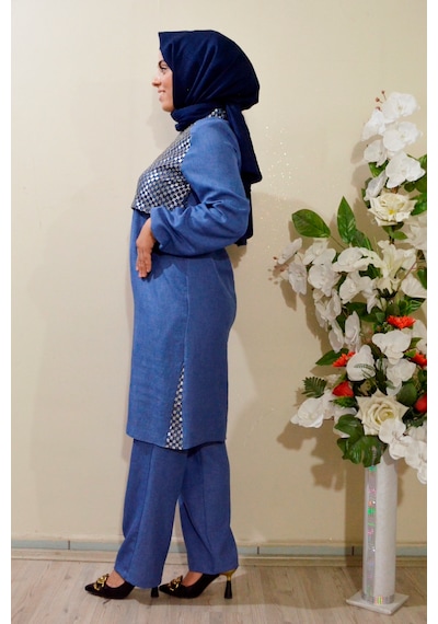 Deryam Tekstil Kadın Sofya Keten Tunik Pantolon Takımı Mavi 40 Beden Mavi