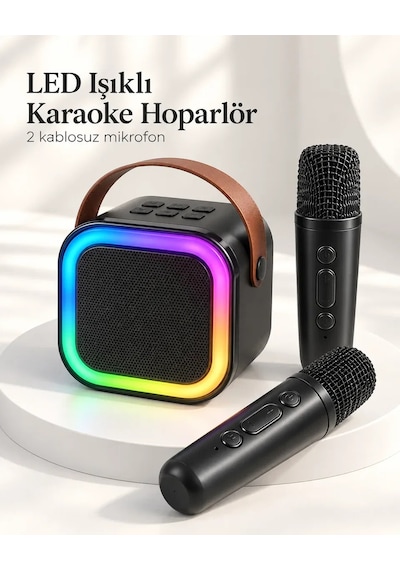 Bluetooth Bağlantılı Led Işıklı Karaoke Ses Sistemi Ve İki Kablosuz Mikrofon