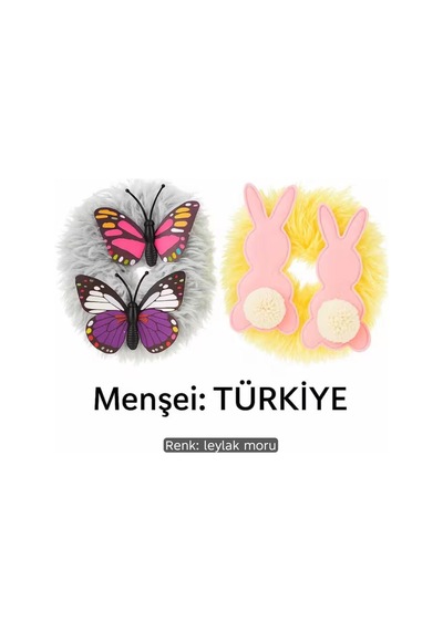 2 Li Peluş Saç Tokası Seti Sarı Tavşanlı & Gri Kelebekli Fluffy Scrunchie Yumuşak Peluş Lastik Toka Menşei Türkiye Diğer