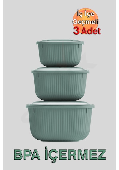 İç İçe Geçmeli Snaplid Kare Saklama Kabı 600 - 1100 - 1800 Ml Üçlü Set Yeşil