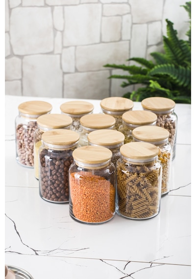 12 Lü Set Bambu Kapaklı Cam Kavanoz & Erzak Saklama Kabı 800 Ml Orta Boy Vakum Kapak Çok Renkli