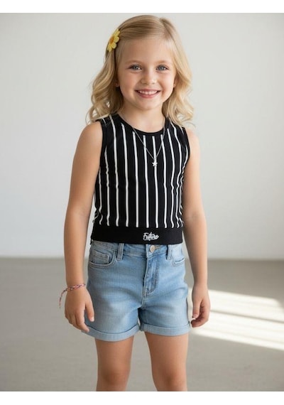 Kız Çocuk Pamuklu Çizgili Crop Bluz-16801 Siyah