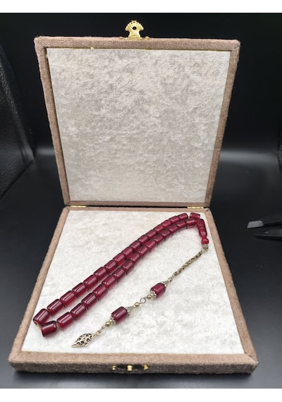 Osmanlı Benzetme Sıkma Kehribar Tesbih Bordo, 10x9 Mm Gümüş