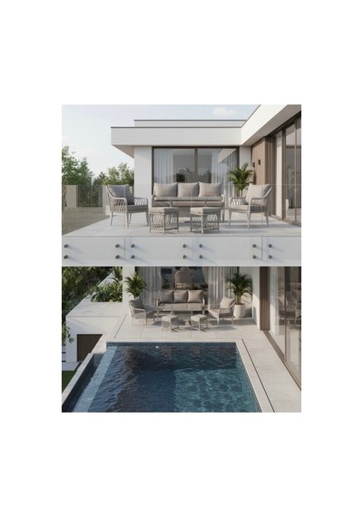 Dora Garden Home Zen 3+1+1 Açık Gri Rattan Bahçe Takımı Masalı Siyah Çizgili