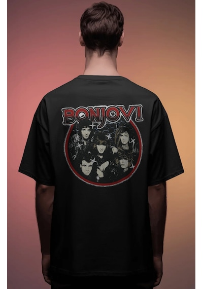Bonjovi Rock Metal Şarkıcı Baskılı Unisex Oversize Premium Tişört Siyah