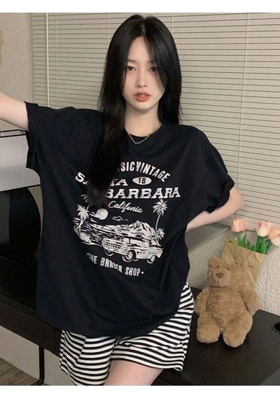 Santa Barbara T-shirt - Siyah Baskılı Oversize Bisiklet Yaka Kısa Kol SIYAH