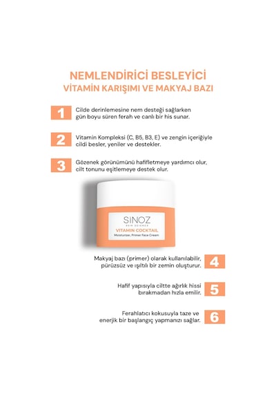 Sinoz Vitamin Kokteyl Nemlendirici Besleyici Onarıcı Yüz Kremi ve Makyaj Bazı 50 ML