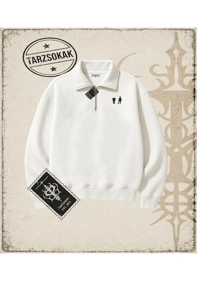 Tarzsokak Gotik & Grunge Streetwear Retro 5 Yarım Fermuarlı Sweatshirt Beyaz