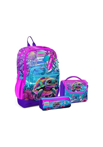 Coral High Kids Pembe Mor Kaplumbağa Desenli 3'lü Okul Çantası Seti