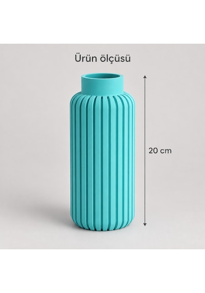 Dikey Çizgili Dekoratif Vazo 20 Cm Modern Silindir Tasarım Camgöbeği