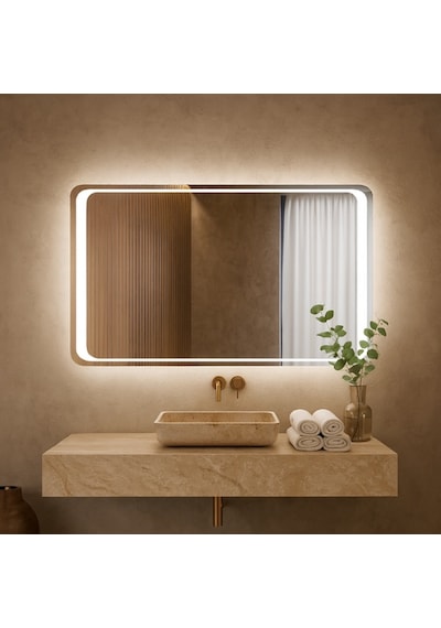 70x90 Cm Köşe Form Led Li Dikdörtgen Ayna Dimmable Dokunmatik Günışığı 3000k Sarı
