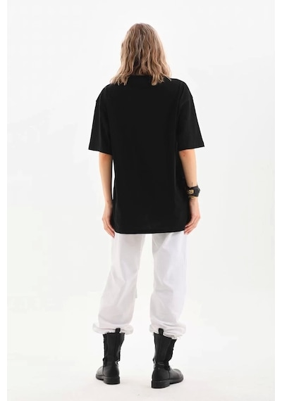 Unisex Bisiklet Yaka 20/1 Düz Oversize T-shirt - Siyah