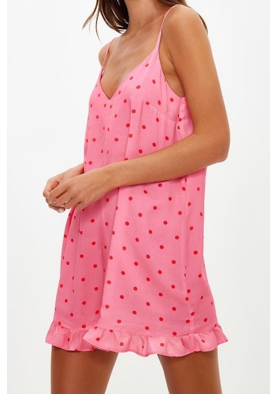 Ersefa Kadın Moda Boru Paça V Yaka Puantiyeli Desen Kısa Puantiyeli İp A Pembe
