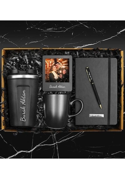 Kişiye Özel Starbucks Model Çelik Termos & Kişiye Özel Termo Deri Defter & Kalem & Siyah Kupa & Fotoğraf Çerçevesi Hediye Seti