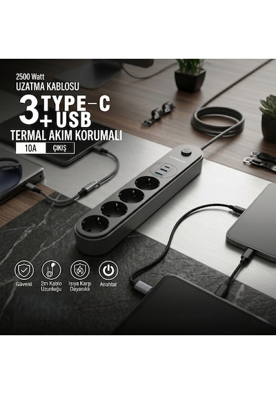 River World Uzatma Kablosu 4 Adet Prizli Termal Akım Korumalı Usb Girişli Diğer