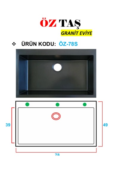 Öztaş ÖZ-78s Granit Mutfak Eviye Siyah Tek Gözlü 50 x 78 CM