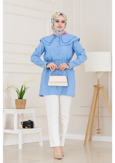 Sevitli Çift Yaka Dantelli Tunik-indigo-4986 Indigo