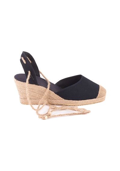 Star Tombis Gerçek Elişi Bilekten Bağcıklı Topuğu Açık Dolgu Topuk Keten Hasır Kadın Espadril Handmade Siyah