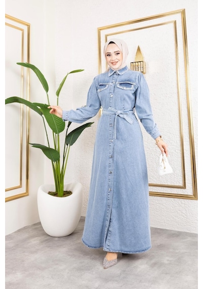 Harman Butik Kadın Cep Detaylı Denim Kot Elbise Mavi Mavi