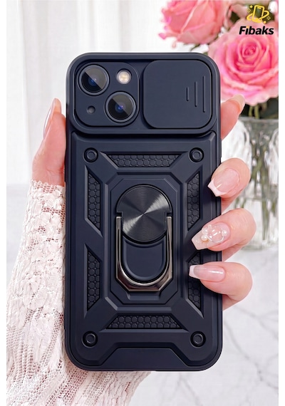 Fibaks iPhone 13/14 Uyumlu Kılıf Kamera Korumalı Sürgülü Yüzüklü Armor Military Tank Zırhlı