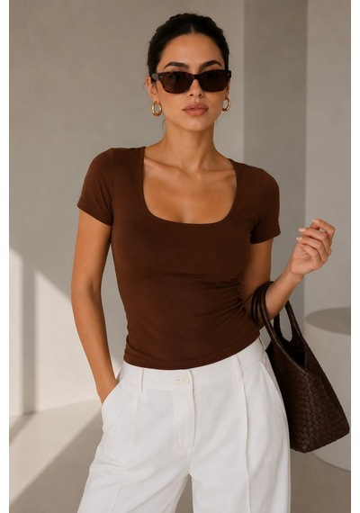 Bb Butik Basic Soft Touch Kare Yaka Body Tulum Astarlı Md3535 Kahverengi