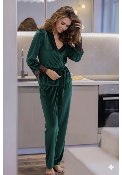 Juwana Lüks Kadife Dantel Detaylı Şık Kuşaklı Sabahlık & Pijama Takımı Siyah Juwana Lüks Kadife Dantel Detaylı Şık Kuşaklı Sabahlık & Pijama Takımı Siyah