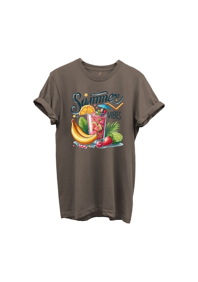 Summer Vibes Yazılı Meyve Kokteyli Ve Tropik Desenli %100 Pamuk Regular Fit Unisex T-shirt Kahverengi