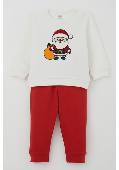 Breeze Erkek Bebek Pijama Takımı Omuzdan Patlı Yılbaşı Temalı Noel Baba Nakışlı 4 Ay-1 Yaş, Ekru Ekru