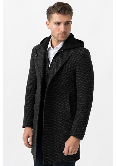 White Stone Ancona 4024 Slim Fit Kapüşonlu Ceket Yaka Pamuklu Kaban Siyah-Siyah
