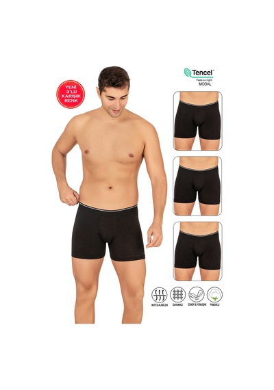 Özkan Underwear Özkan 11256 3'lü Paket Erkek Premium Kumaş Modal Pamuklu Esnek Yumuşak Boxer Şort Siyah