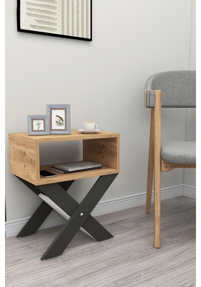 Enda Home X Ayaklı Dergilikli Başucu Komodin Yan Sehpa 33x43 Cm Antrasit & Çam