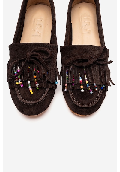 Luvishoes Evelyn Kahverengi Süet Hakiki Deri Püsküllü Boncuklu Kadın Loafer Ayakkabı
