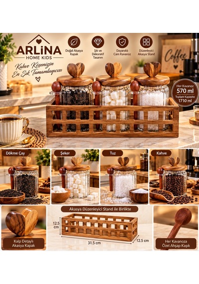 3 Lü 570 Ml Cam Kavanoz & Ahşap Stand Seti Şeffat Cam - Akasya Ahşap Kapak