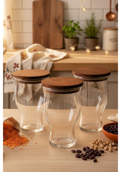 Snippy Box - 6 Lı Ahşap Vakumlu Kapaklı Cam Saklama Kabı Baharatlık 500 Ml Erzak Saklama Kabı Seti Kahverengi