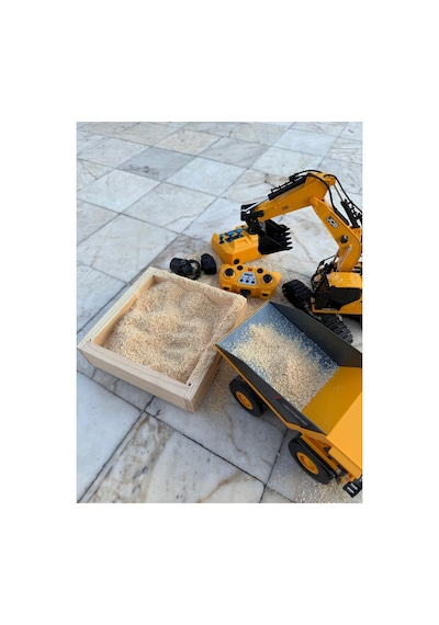 Alpmodel Uzaktan Kumandalı Sarjlı 2.4 Ghz Metal Uçlu Eksvatör Damperli Kamyon 1 Kg Talaş Ahşap Kaplı 4'lü Şantiye Seti Sarı