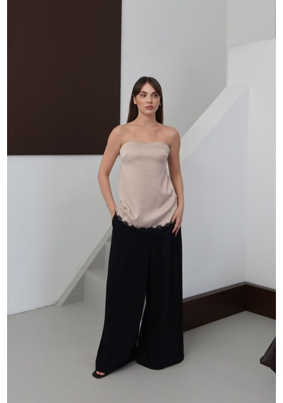 Verymoda Dantelli Straplez Saten Bluz - D2941 Taş