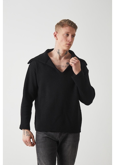 R-5850 Yaka Detaylı Örme Sweat Siyah