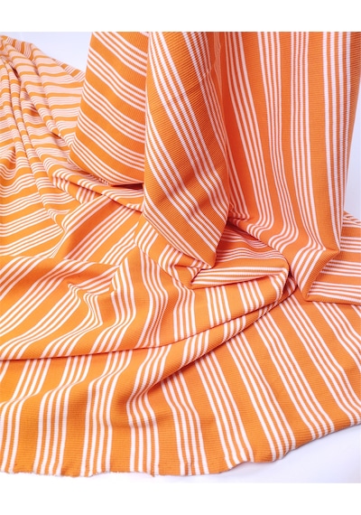 Turuncu Renkte Enine Çizgili İnce Yumuşak Esnek Kaşkorse Örme Kumaş Elbiselik & Bluzluk En: 100cm-12595