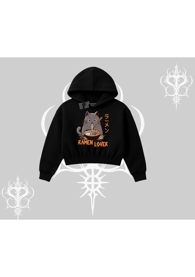 Startmore Kapşonlu Crop Sweatshirt Ramen Lover Kedi Anime Baskılı Siyah
