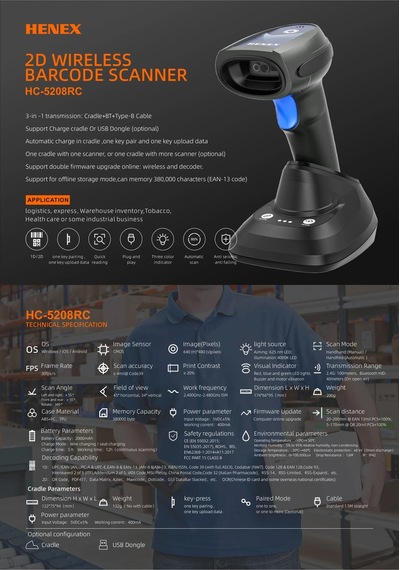 Henex Hc5208rc 2d Kablosuz Barkod Okuyucu 1.0mp + 2.4g + Cardle Bt Hıd + Ble + 3 In 1 + Usb Dongle