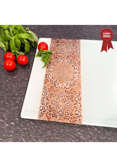 Kanallı Cam Kesme Tahtası - Arabesk Tek Şerit Desen - 25x35cm