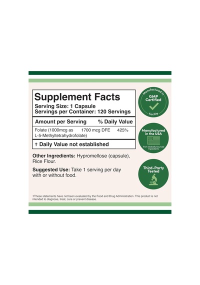 Double Wood Methylfolate 1,000mcg, 120 Caps Methylated Folate Tha