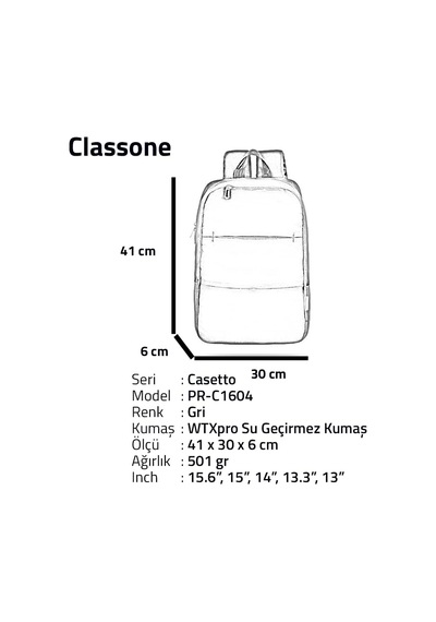 Classone Pr-c1604 Casetto 15.6 İnç Uyumlu Notebook Çantası, Gri Çok Renkli