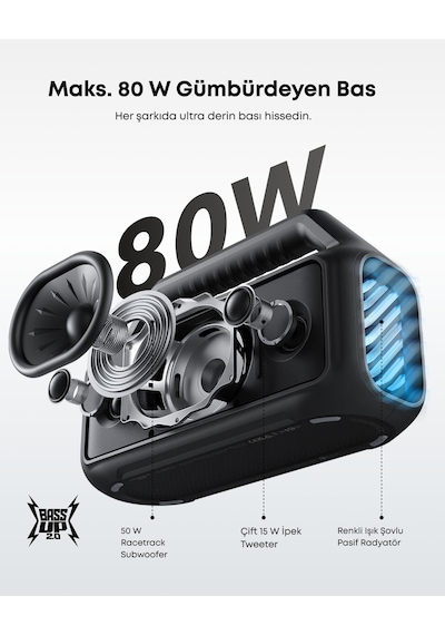 Anker Boom 2 Bluetooth 5.3 Hoparlör, 80w, Bassup 2.0, 24 Saat Pil Ömrü, Ipx7 Su Geçirmez, Led Işık, Usb-c, Siyah - A3138