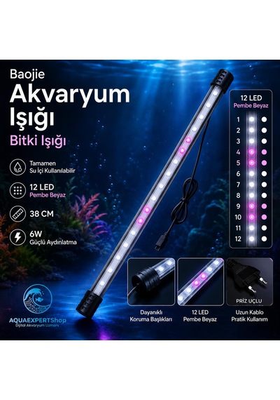Akvaryum Işığı - Bitki Işığı - Balık Işığı - Tamamen Su İçinde Kullanılabilir - 12 Led - Pembe Beyaz - 38 Cm - Güçlü Aydınlatma - 6w