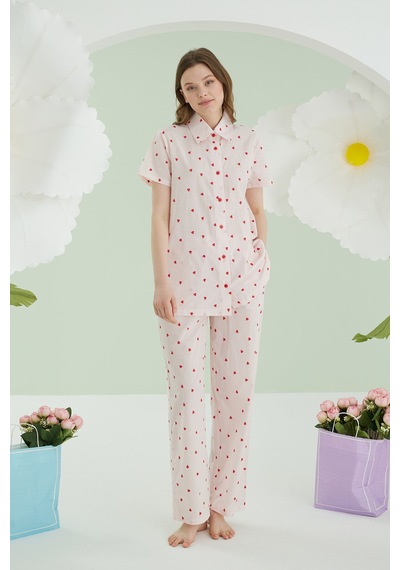 Nbb Kadın Pembe Kalpli Önden Düğmeli Pijama Takım