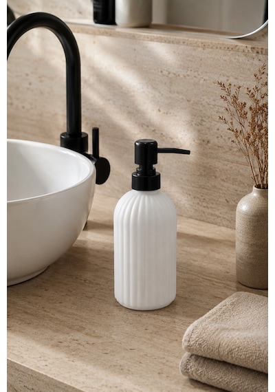 Vovy Çizgili Cam Sabunluk 500 Ml Siyah Pompalı Modern Sıvı Sabun Ve Deterjan Dispenseri - 18,5 Cm X 7 Cm Beyaz