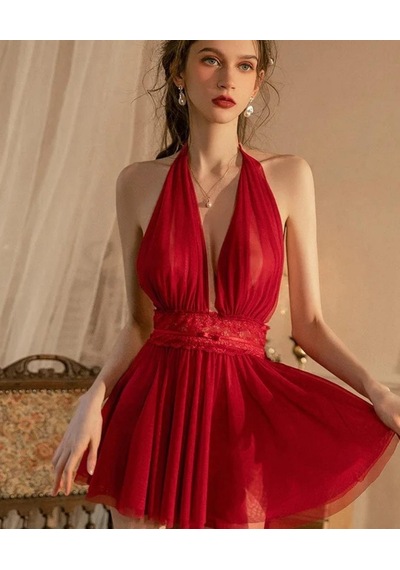 Kadın Boyundan Bağlamalı Derin Dekolte Tül Mini Gecelik/babydoll Kırmızı