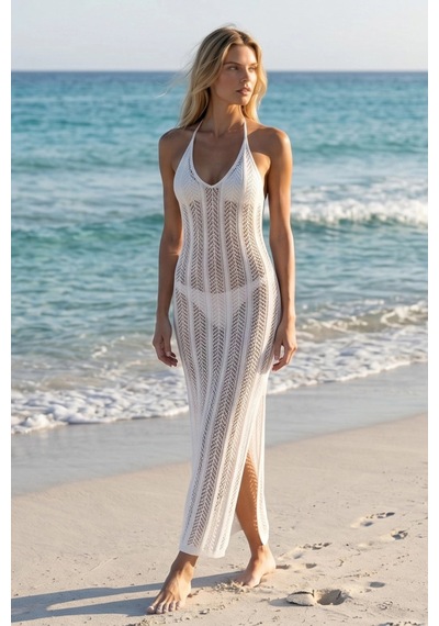 Dıanna Kadın Uzun Yazlık Pareo Ajurlu %100 Pamuk Triko Elbise Plaj Elbisesi Bikini Üstü Beyaz